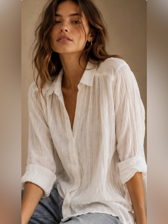 Anthropologie Tops - Anthropologie White Crinkle Button-Down Tunic Shirt Size S